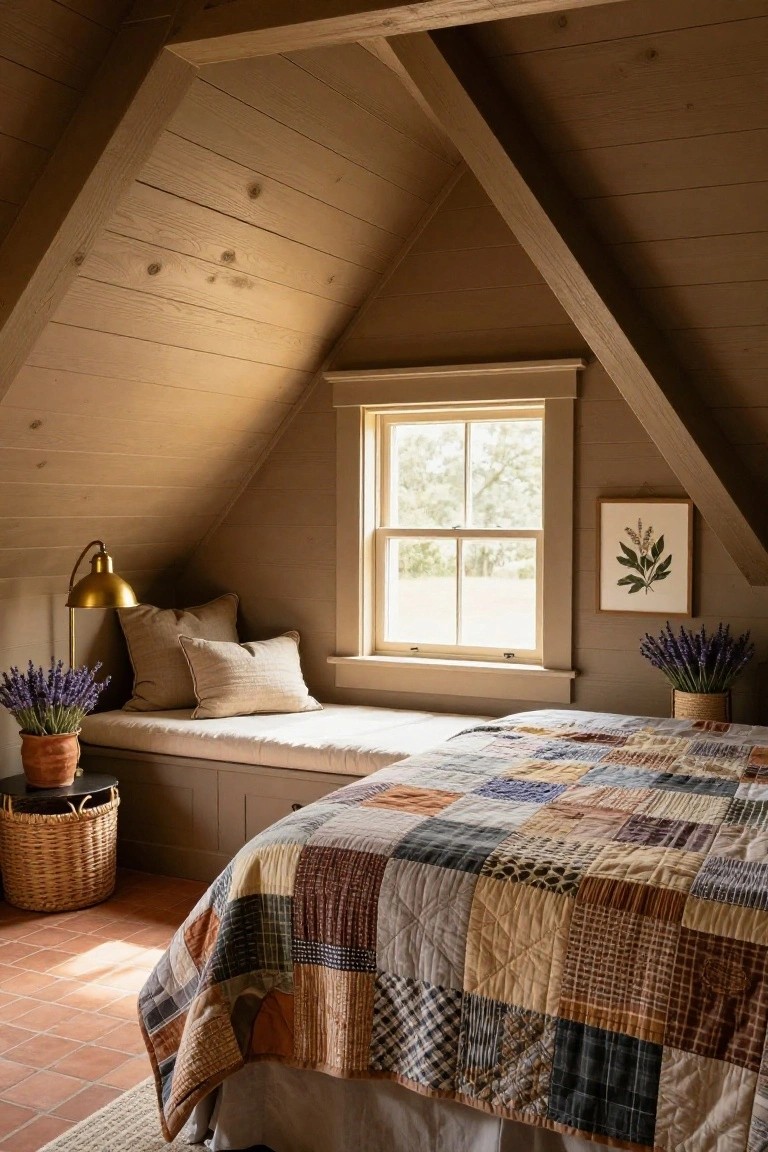 Attic bedroom with sloped light wood-paneled ceilings, window seat with beige pillows and lavender flowers, patchwork quilt in earth tones on a wood bed frame, and terracotta tile floor.