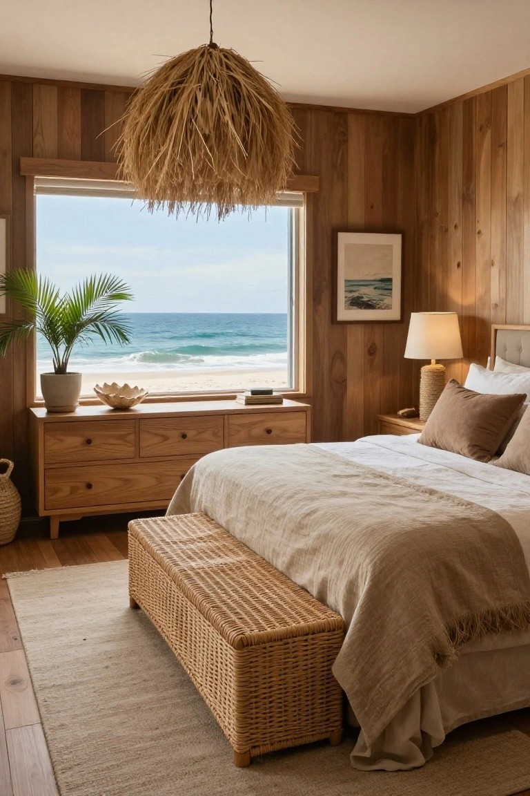 Bedroom with light wood vertical paneling on walls, wooden dresser and nightstand, upholstered bed with beige linens and pillows, rattan bench at foot, potted palm plant, seashell bowl on dresser, and large window showing ocean view with beach and waves.