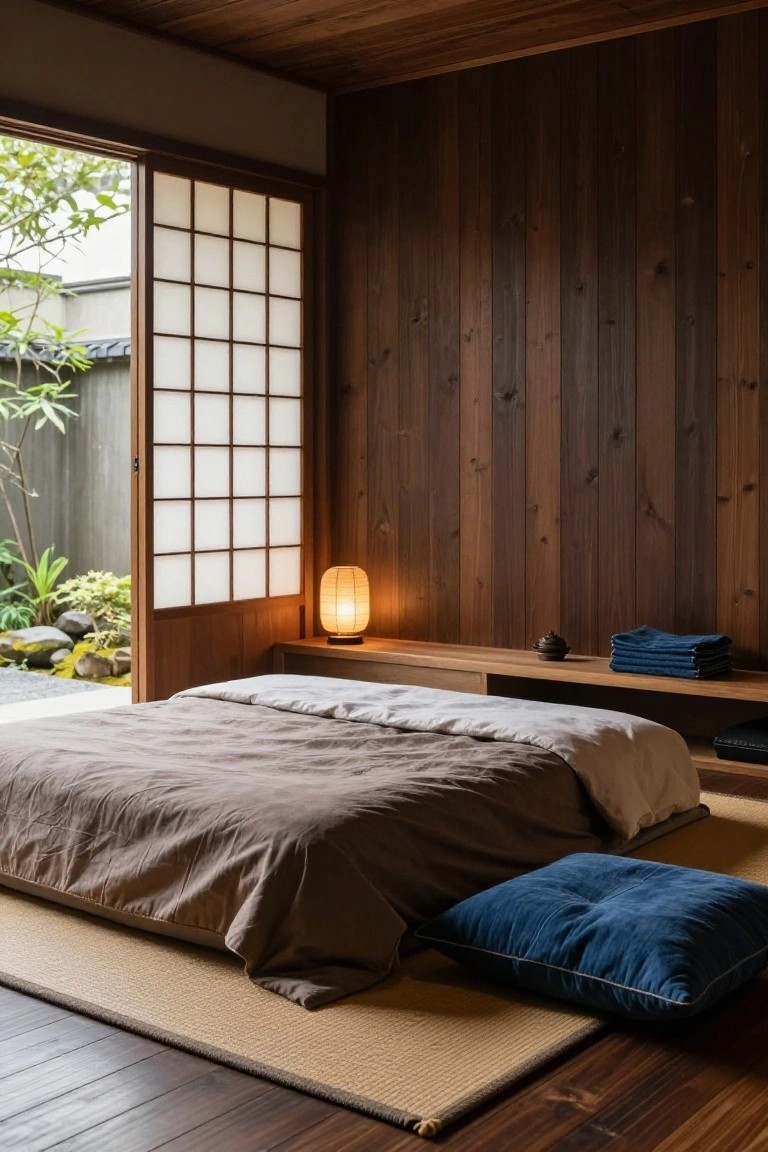 Wood-paneled bedroom interior with vertical planks on walls and ceiling, low beige bed on tatami mat, shoji doors to garden courtyard, bedside lamp, and folded blue towels on shelf.