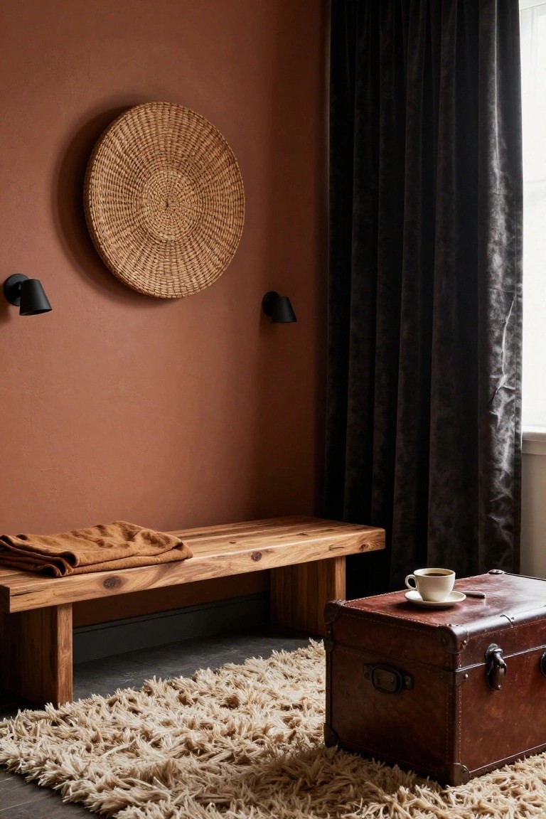 Terracotta interior wall with black wall sconces and large woven round basket, wooden bench draped with tan blanket, brown leather trunk holding white coffee cup and saucer, cream shag rug on dark floor, dark velvet curtains on window.