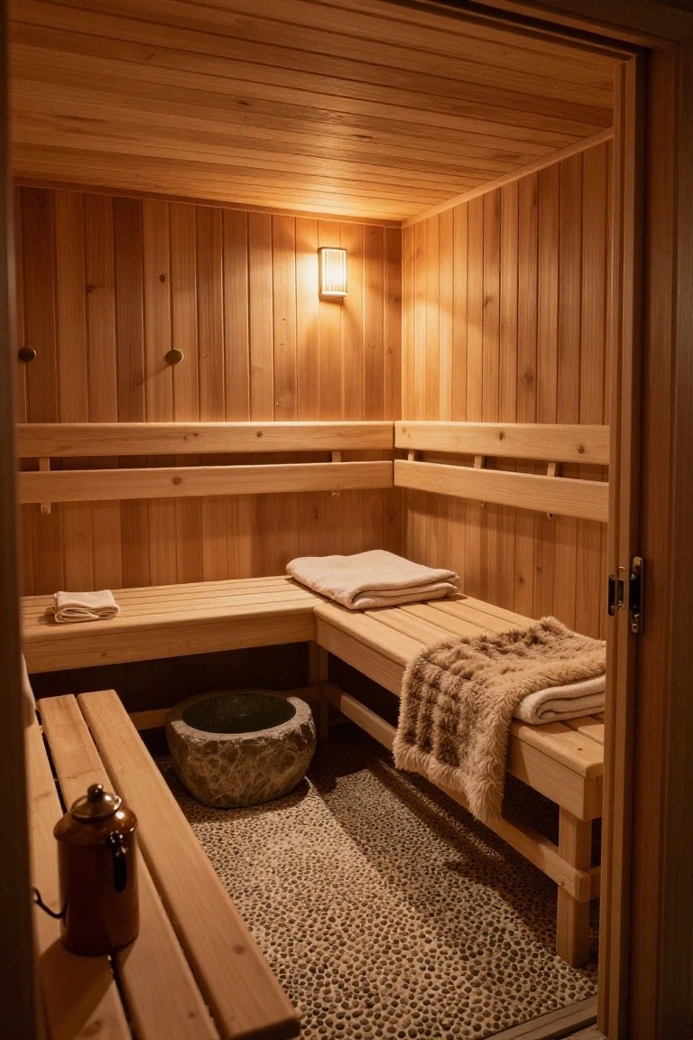 Wooden sauna room interior with light-toned paneling, L-shaped benches draped with white towels and fur blankets, stone basin on pebble mat floor, metal kettle nearby, wall light, and open door.