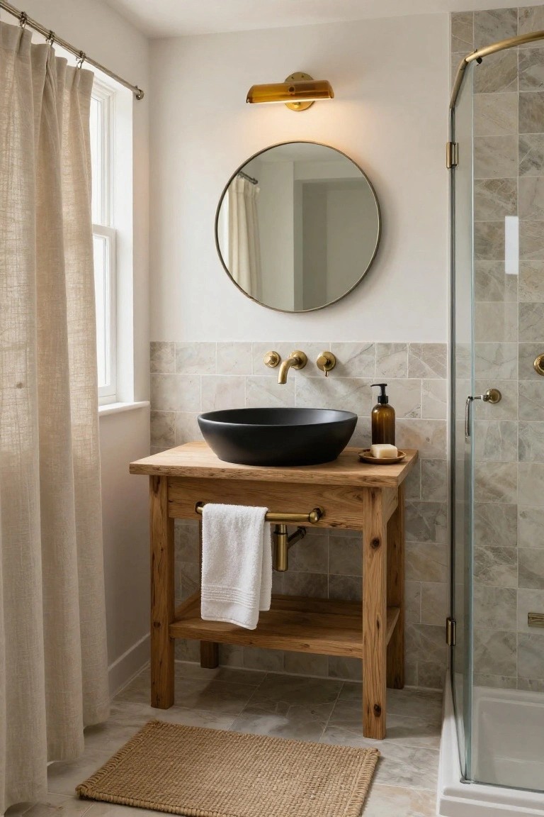 Bathroom with wooden console table as vanity base holding black vessel sink, gold wall faucets and towel bar, round mirror above, linen curtains on window, and glass shower enclosure.
