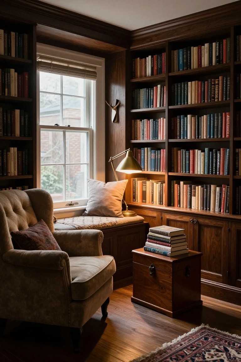 Cozy reading nook with bookshelves, armchair, lamp, and a wooden storage chest.