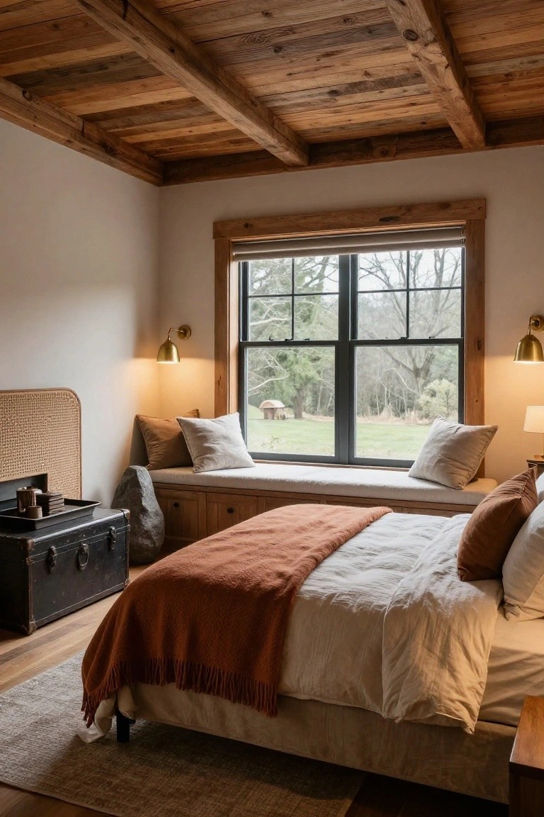 Bedroom with exposed wooden beam ceiling, built-in cushioned window seat with pillows, wood bed with orange throw blanket and white linens, vintage trunk, and window view of wooded field.