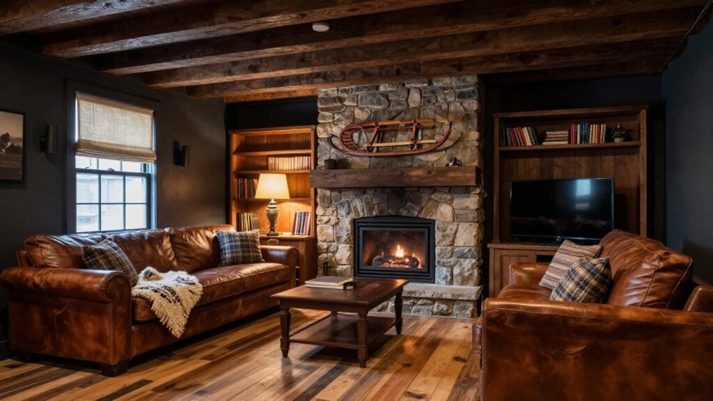 Rustic living room interior with exposed wooden beam ceiling, tall stone fireplace featuring a wooden mantel with vintage skis mounted above a gas fire, two brown leather sofas facing a wood and metal coffee table, plaid pillows, bookshelves, TV console, lamp, and window with shades on beige walls and wood plank floor.