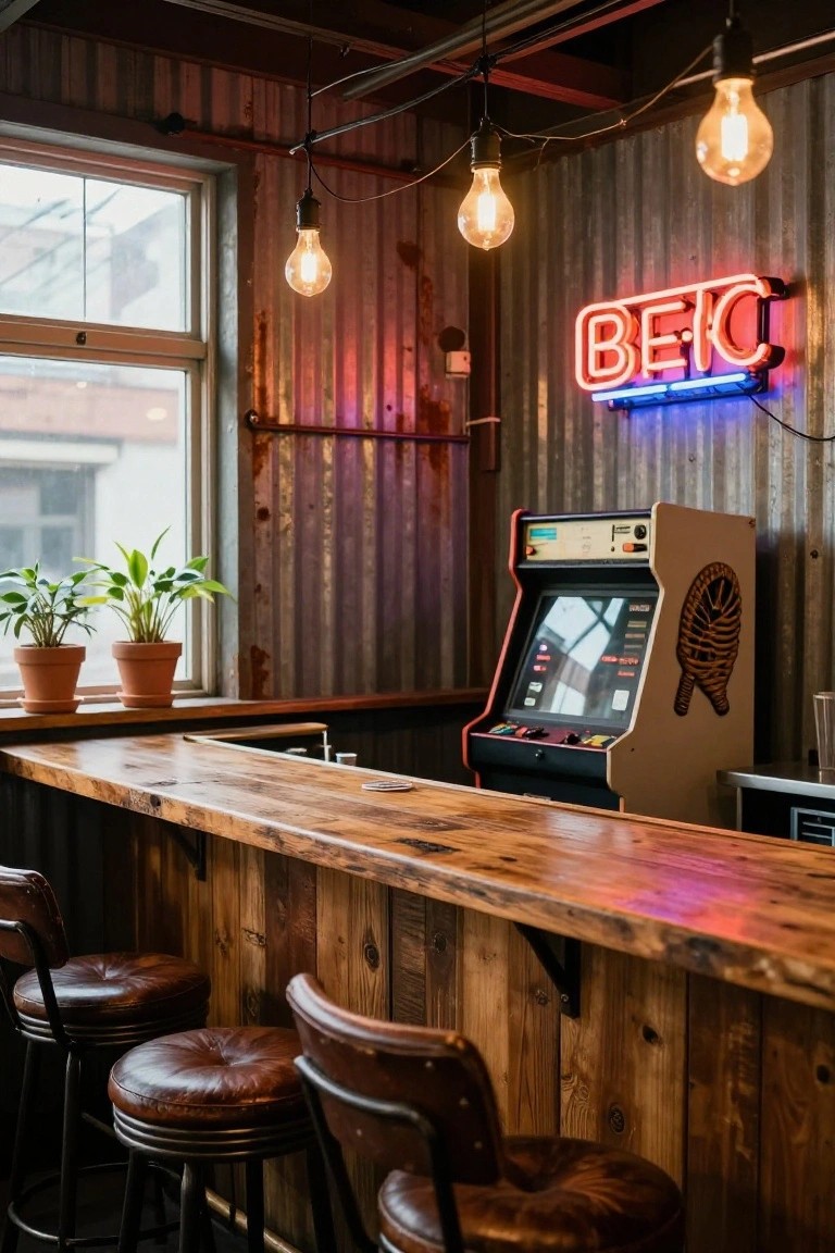 Rustic bar interior with rough wooden counter, brown leather swivel stools, beige upright arcade machine, potted green plants on windowsill, exposed corrugated metal walls, hanging Edison-style bulbs, and neon BEER sign.