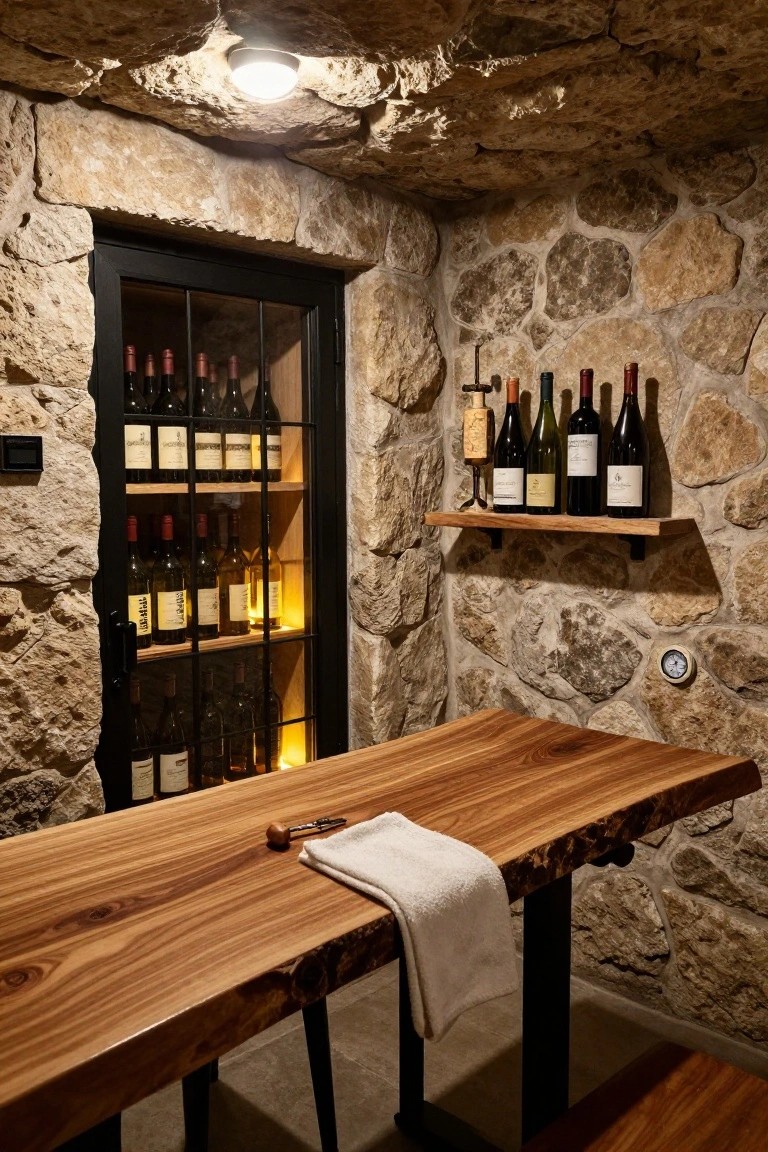 Basement wine cellar with rough stone walls, glass-front black metal wine refrigerator filled with bottles, wooden shelves holding more wine bottles, live-edge wooden table with corkscrew and white cloth, and a wall clock.