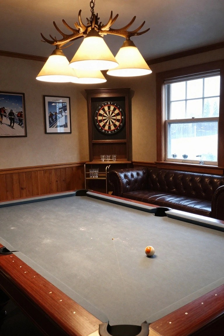 Cozy game room with a pool table, dartboard, and brown leather sofa.