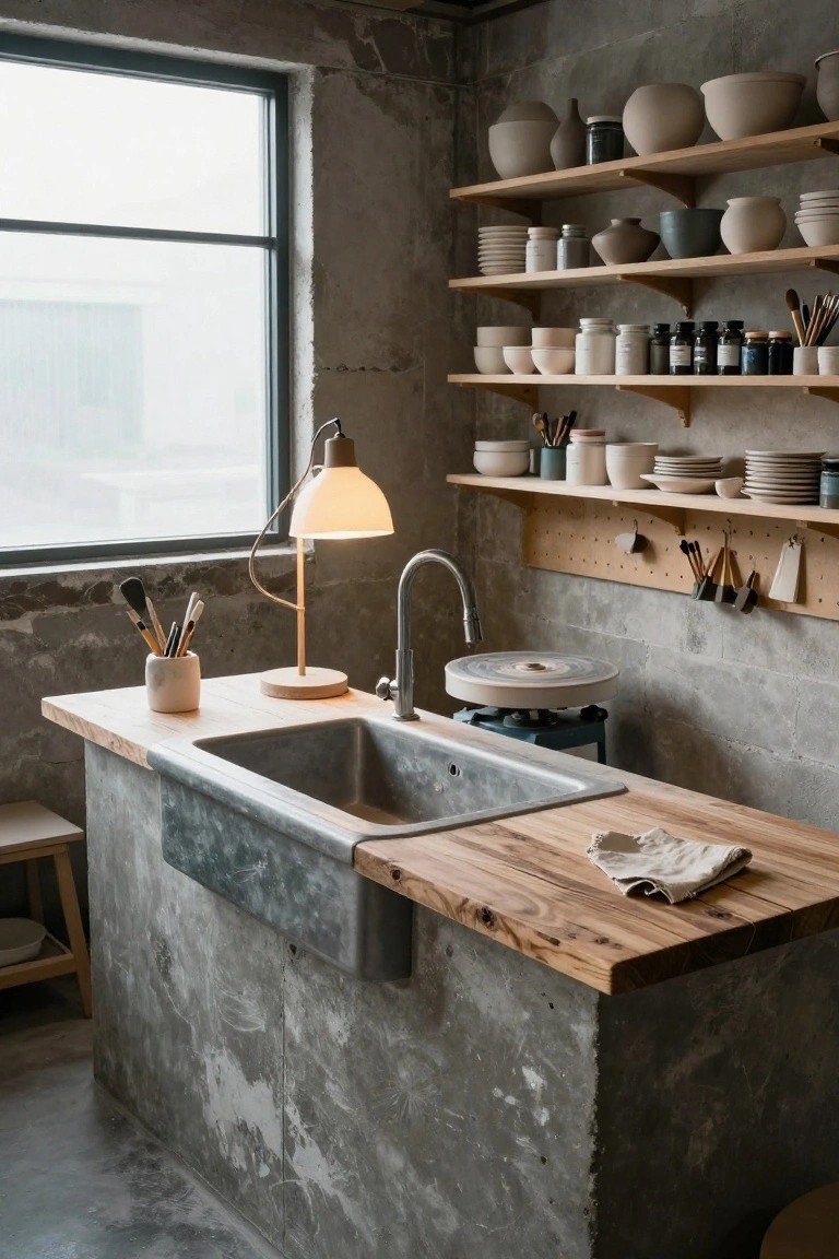 Minimalist kitchen featuring a stainless steel sink, wooden countertop, and ceramic dishware on shelves.