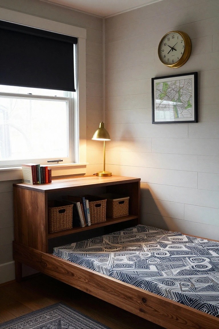 Cozy indoor bedroom corner with low wooden platform bed integrated into a desk with wicker basket shelves, books stacked nearby, brass lamp, clock on wall, map frame, and window with black shade on shiplap walls.