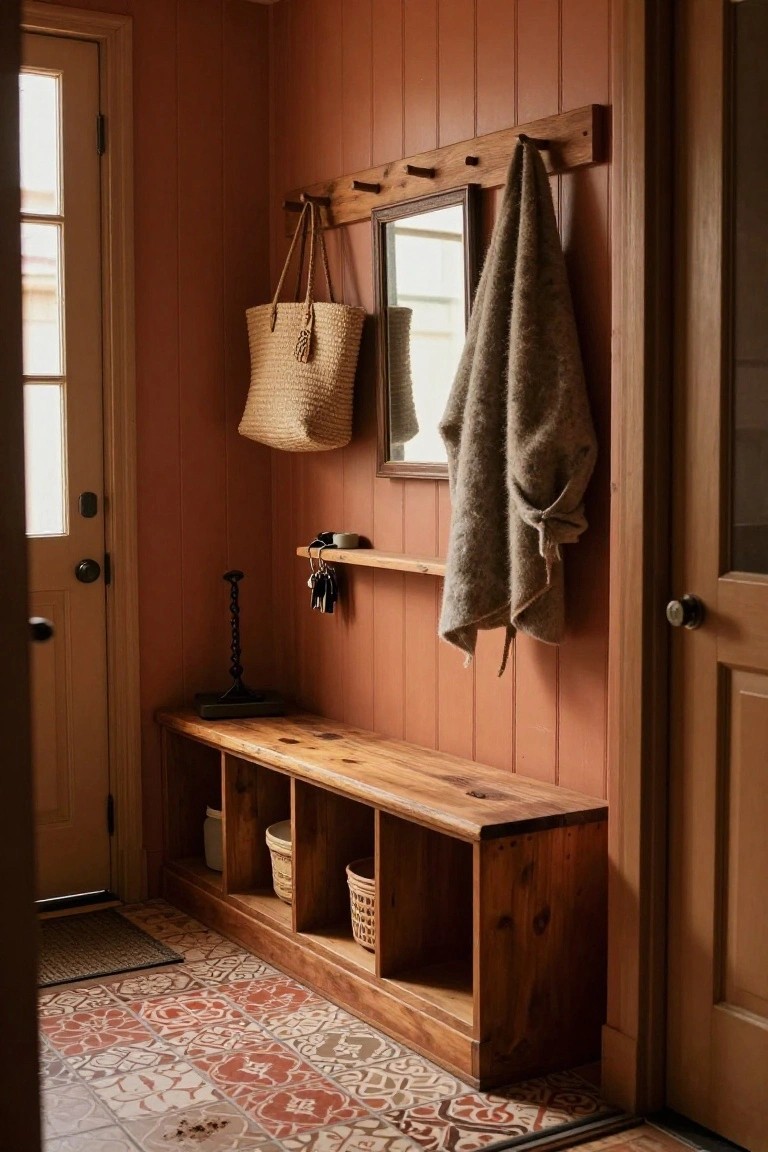 Rustic wooden bench with cubbies and baskets sits against terracotta paneled wall in entryway, with wall hooks, mirror, hanging towel and bag, keys on shelf, and colorful tiled floor by open door.