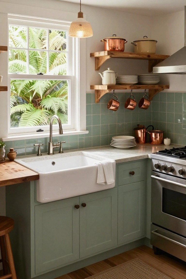 Kitchen corner showing sage green lower cabinets under a white farmhouse sink, wooden floating shelves with copper pots hanging from hooks, teal subway tile backsplash, brass faucet, and window with green ferns outside.