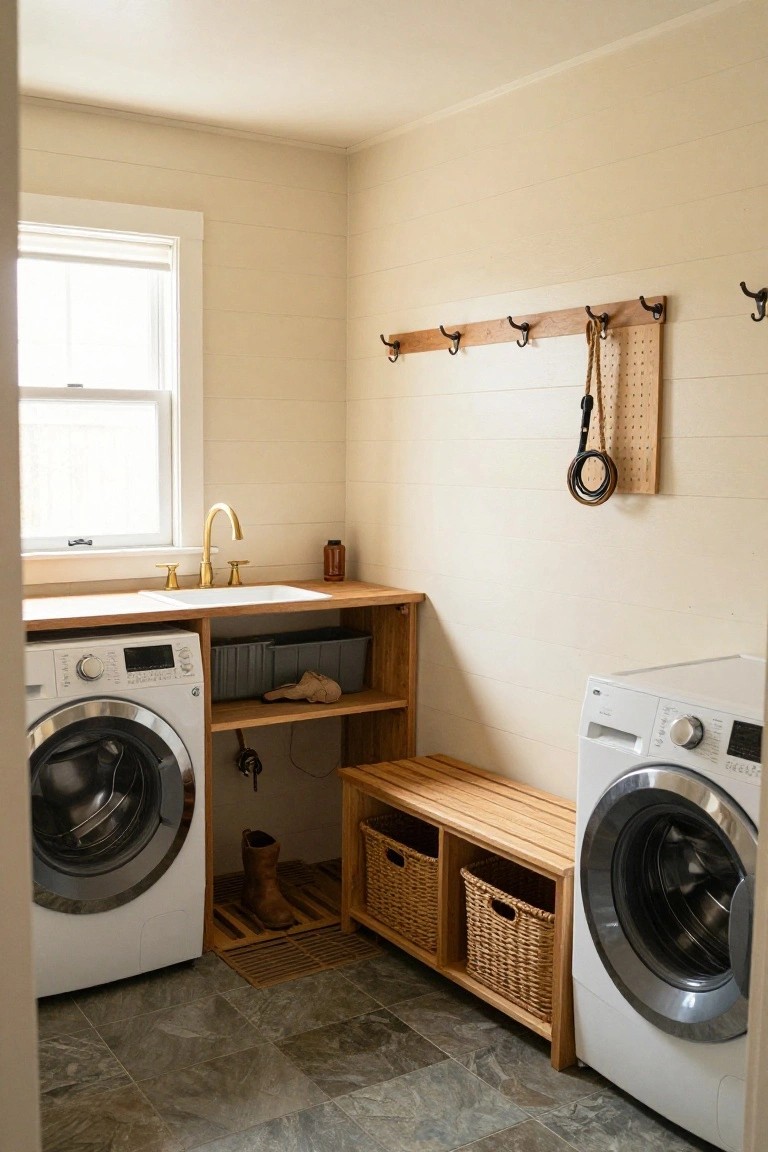 Laundry room with two white front-loading washers, wooden sink countertop, built-in wooden bench with wicker basket cubbies, shiplap walls, wall hooks, and gold faucet.
