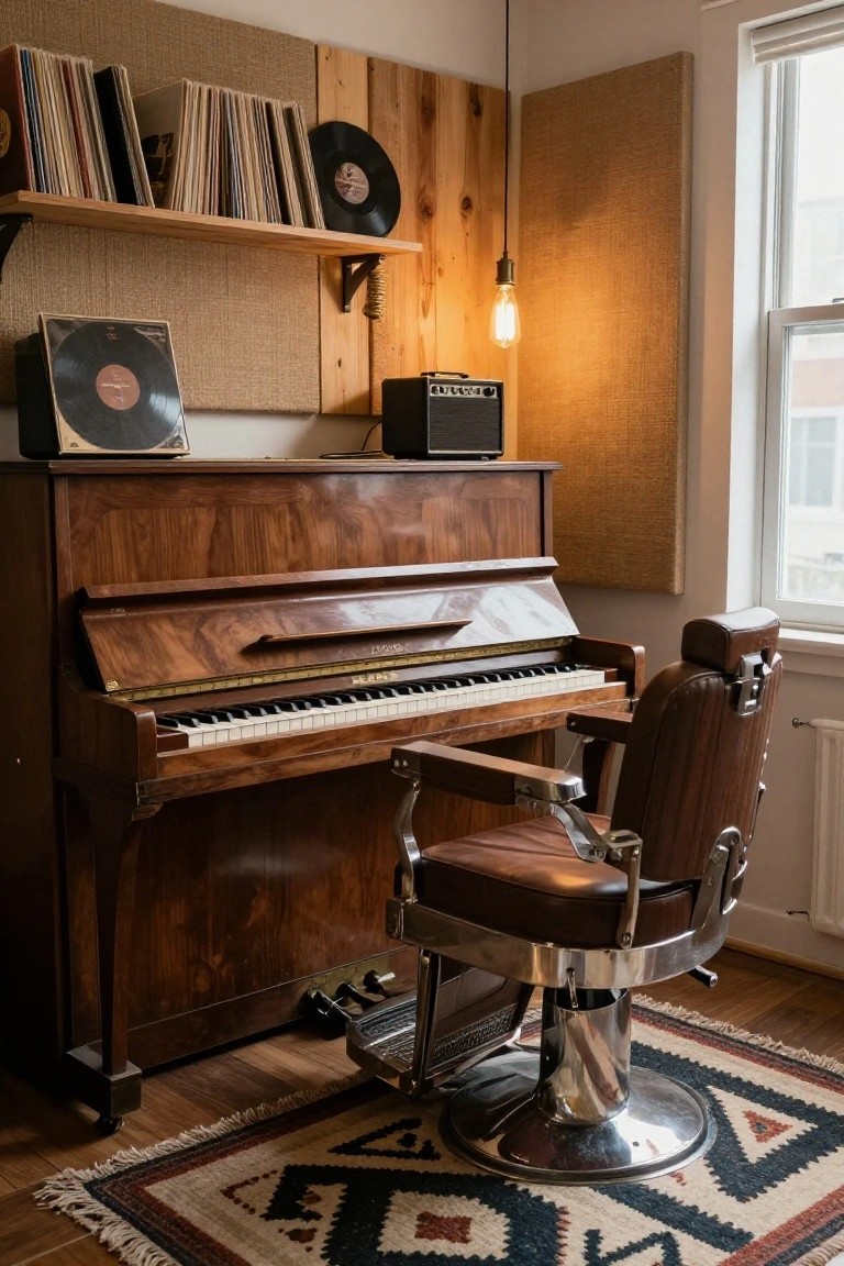 Wooden upright piano next to a brown leather barber chair in a rustic room with record shelves, wood walls, small amplifier, and warm pendant light.
