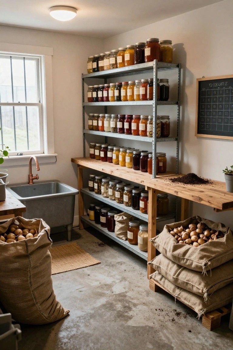 Basement pantry room with tall metal shelving units filled with colorful jars of preserved foods, wooden worktable, copper sink in a metal tub, and burlap sacks of potatoes on the concrete floor.