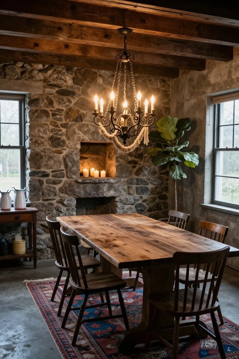 Rustic dining room with a wooden table, stone walls, chandelier, and plants.