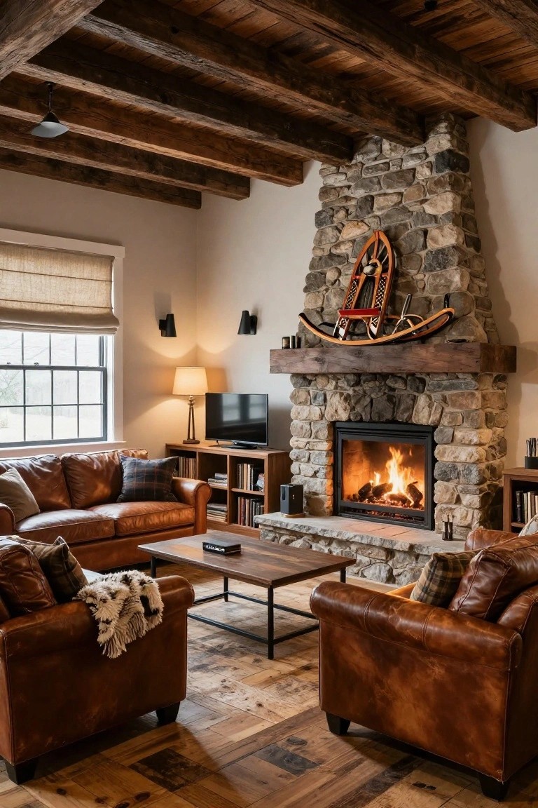 Rustic living room interior with exposed wooden beam ceiling, tall stone fireplace featuring a wooden mantel with vintage skis mounted above a gas fire, two brown leather sofas facing a wood and metal coffee table, plaid pillows, bookshelves, TV console, lamp, and window with shades on beige walls and wood plank floor.