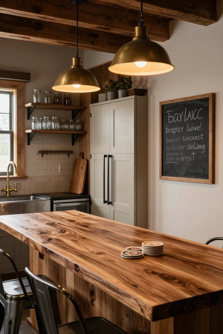 Cozy kitchen interior with exposed wood beams, two brass pendant lights, large natural wood island with metal bar stools, open shelving stocked with glass jars, white cabinetry, and a framed chalkboard menu on the wall.