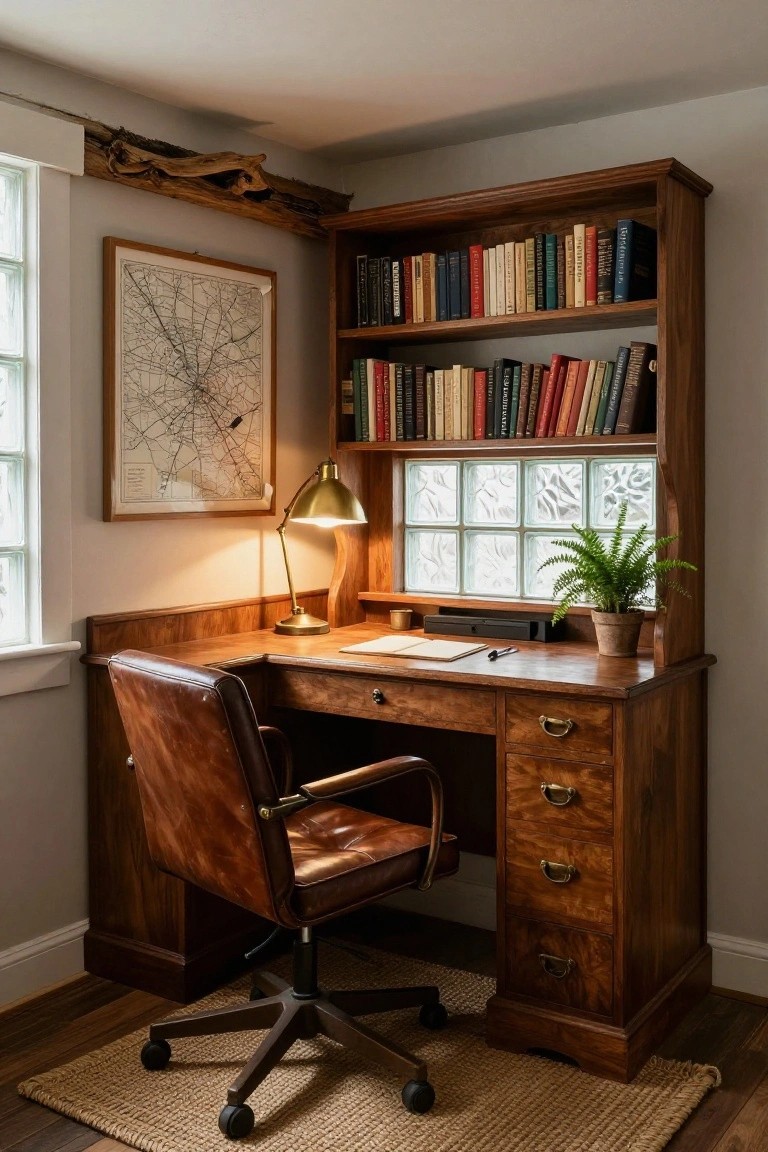 Corner wooden desk with integrated bookshelves, leather swivel chair, brass desk lamp, notepad, pen, and potted fern next to a frosted glass window, map print on wall, and driftwood beam above in a light gray room.