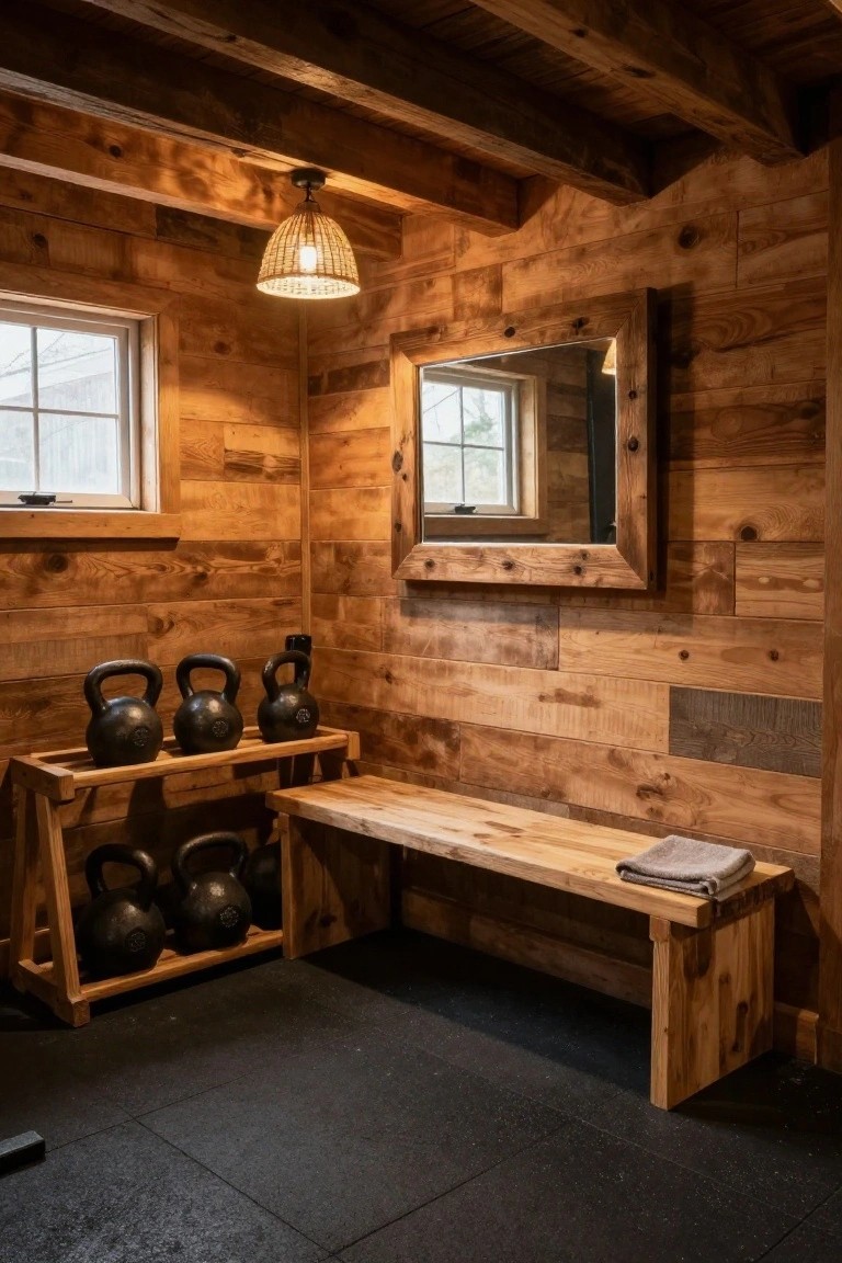 Rustic wooden-paneled room serving as a home gym with kettlebells stored on wooden racks and bench, large framed mirror on wall, rattan pendant light, and black rubber floor.