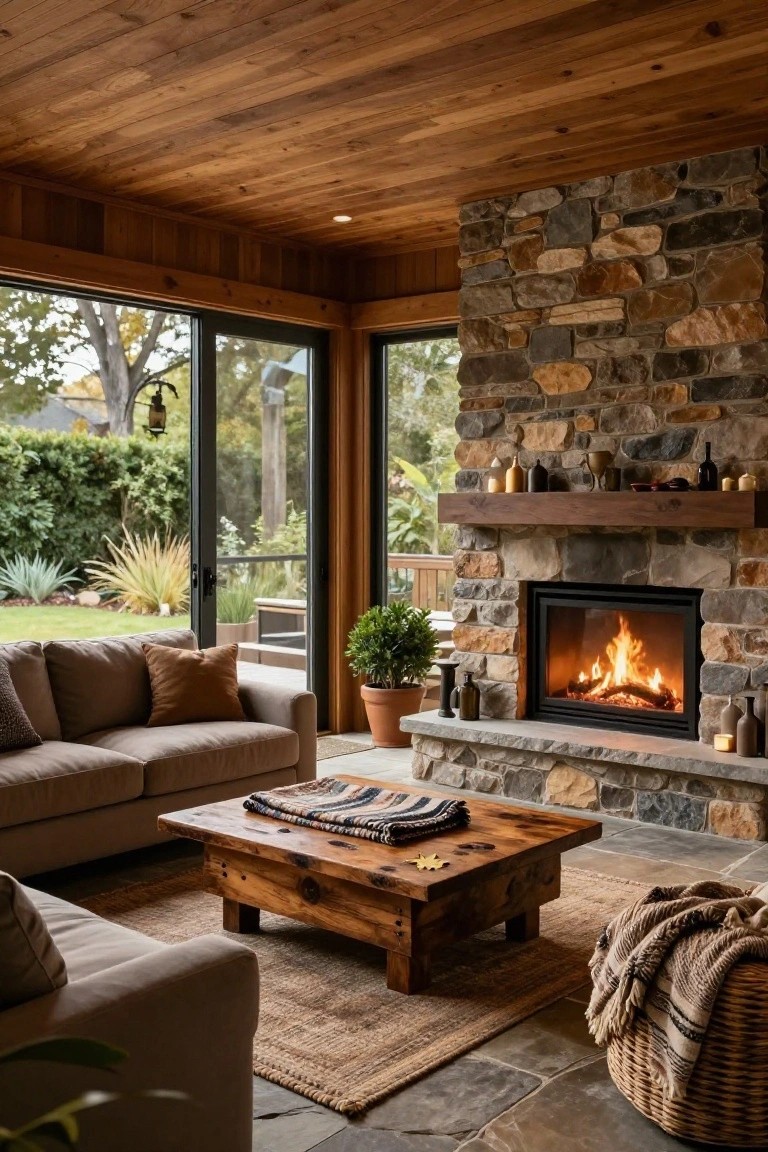 Cozy interior room with wooden plank ceiling and walls, large stacked stone fireplace with active fire, beige L-shaped sofa, wooden coffee table with blankets, jute rug, potted plants, candles on mantel, and sliding glass doors to backyard garden.