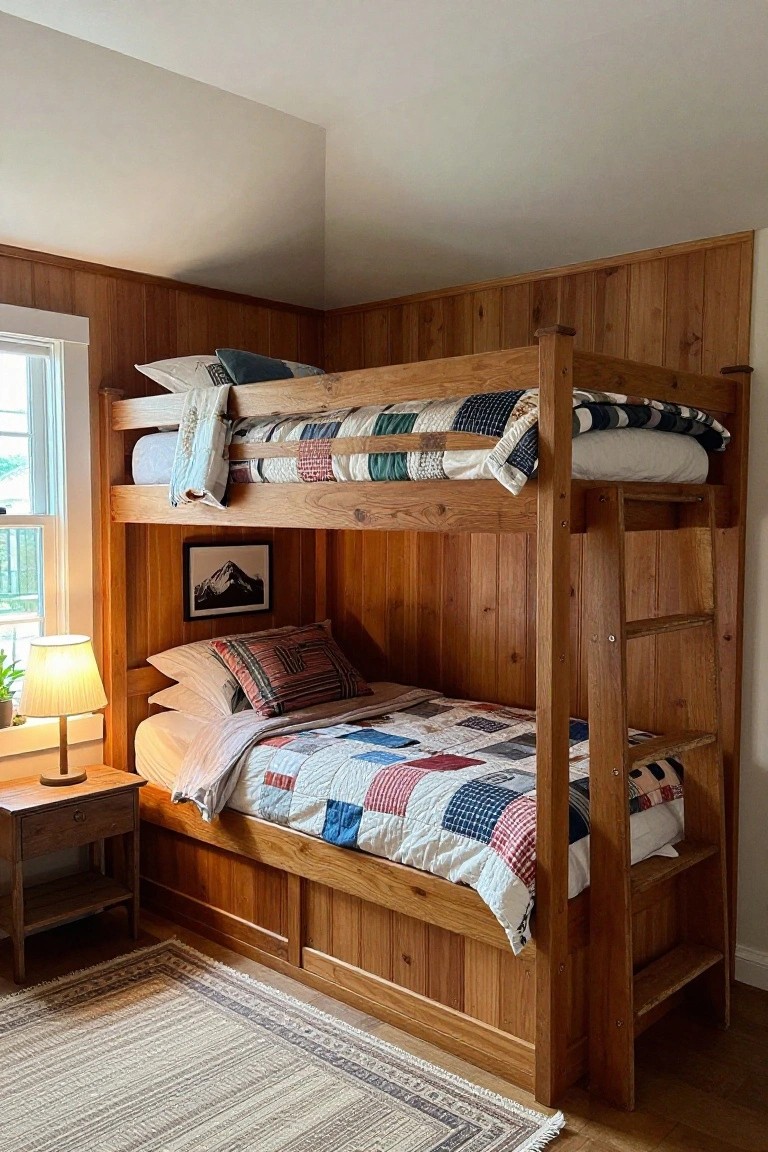 Wooden bunk bed with quilts on lower and upper bunks against matching wood-paneled walls in a corner bedroom, next to a wooden nightstand with lamp.