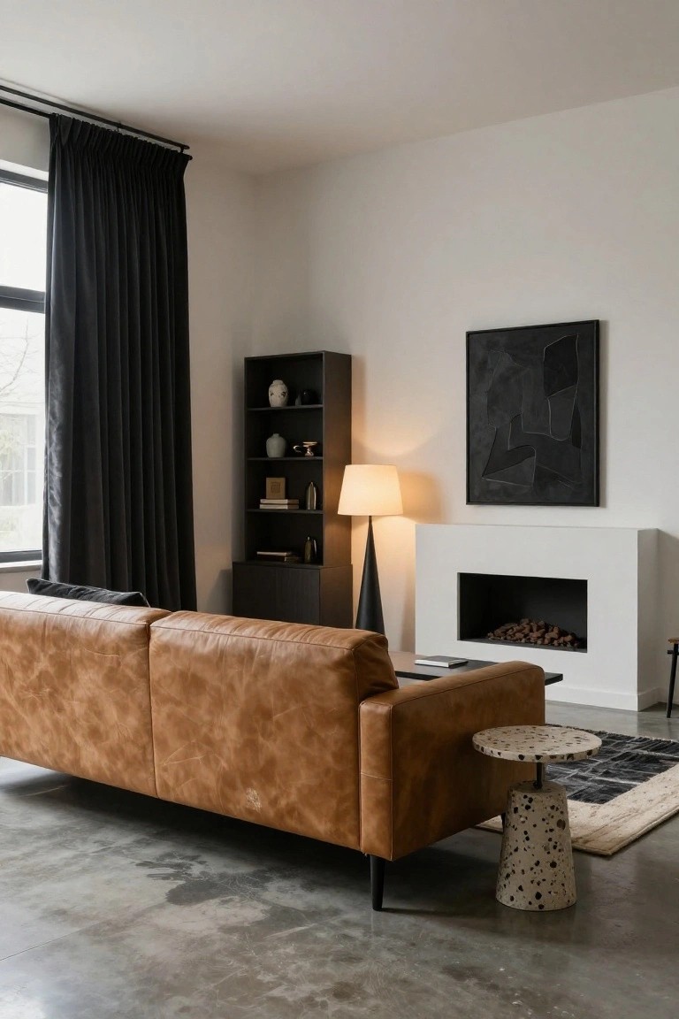Modern living room with tan leather sofa, white fireplace with logs, black bookshelves, cone lamp, abstract wall art, and heavy black pleated curtains on a large window over a polished concrete floor.