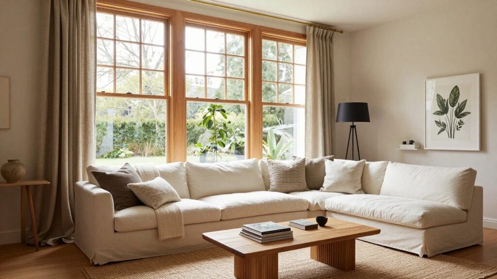 A light-filled living room featuring a white slipcovered sofa with beige pillows and throw, sheer beige linen curtains on brass rods over large double windows, a black floor lamp, wooden coffee table with books, and beige rug on light wood floors.