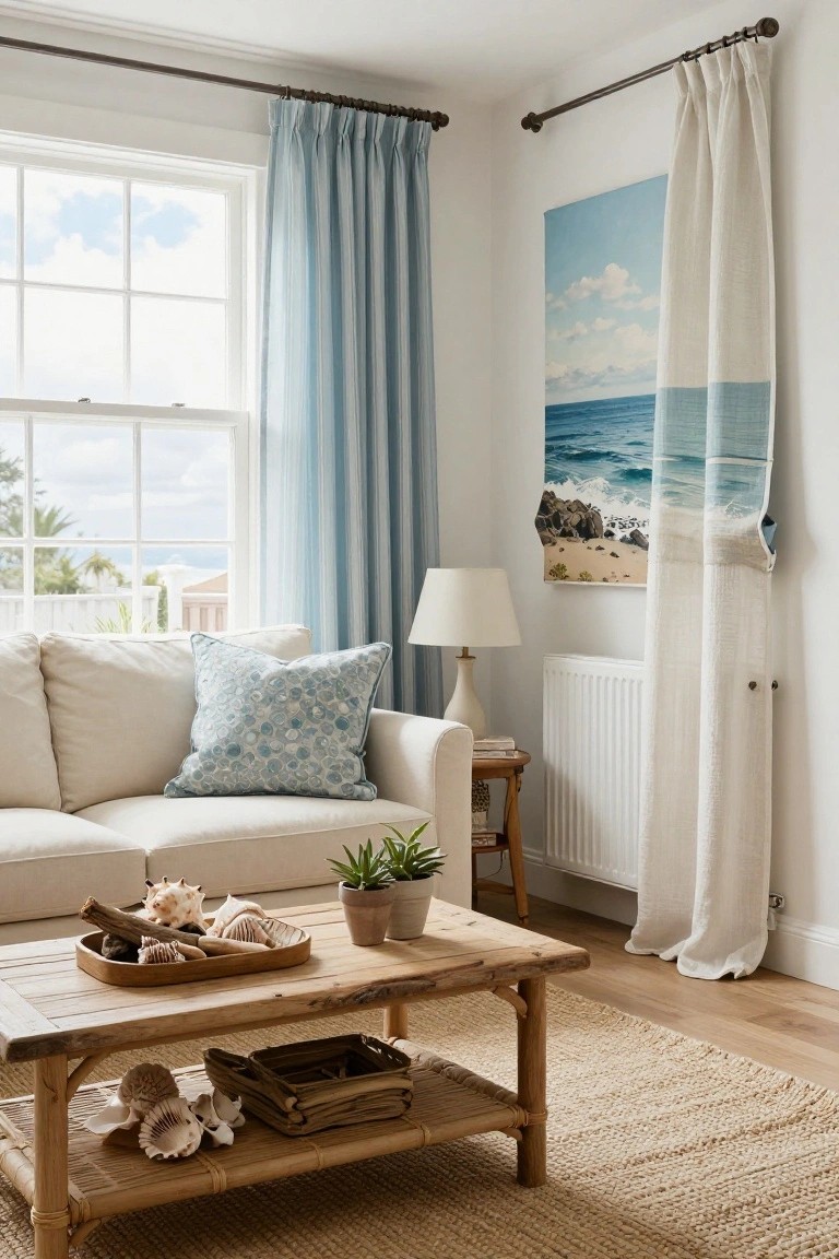 Living room corner with beige sofa, blue patterned pillow, wooden coffee table holding shells and plants, blue striped curtain on left window, white linen curtain on right window beside radiator, and beach scene painting on wall.