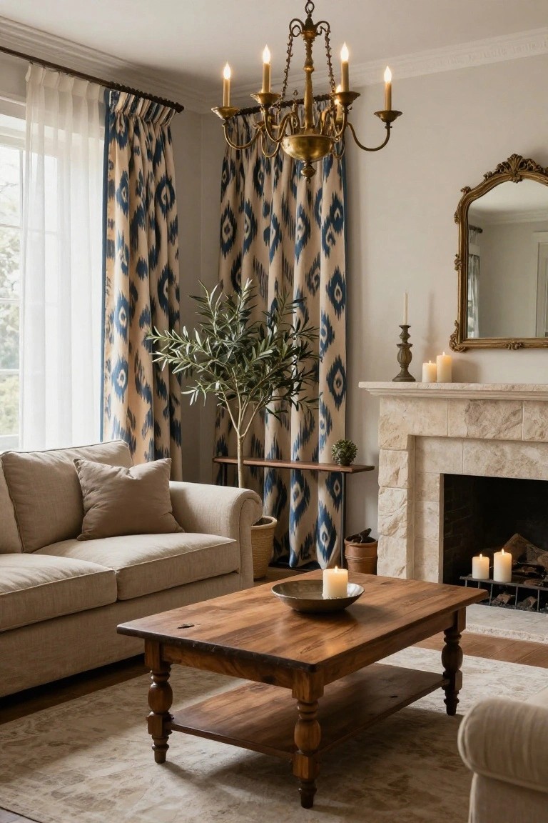 Living room with beige sofa, wooden coffee table, stone fireplace, brass chandelier, olive tree in pot, candles on mantel, and floor-length blue ikat patterned curtains layered over sheer white panels beside a window.
