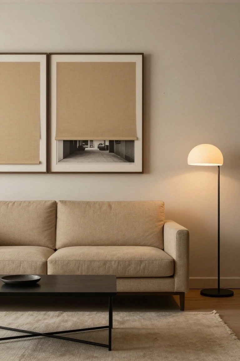 Modern living room with beige linen sofa, black metal coffee table holding a black plate, tall white floor lamp, light beige rug, and two tall framed artworks showing beige fabric panels and a window with partially rolled beige shade, against light beige walls and wood floor.