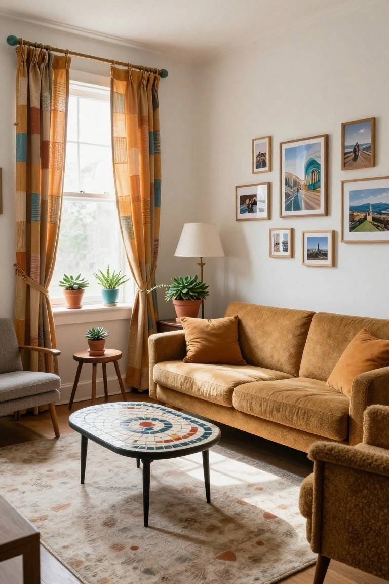 Cozy living room corner with orange patchwork curtains on a double-hung window, mustard yellow velvet sofa, potted plants on windowsill and floor, brass lamp, wood side table, and tiled coffee table on a neutral rug.