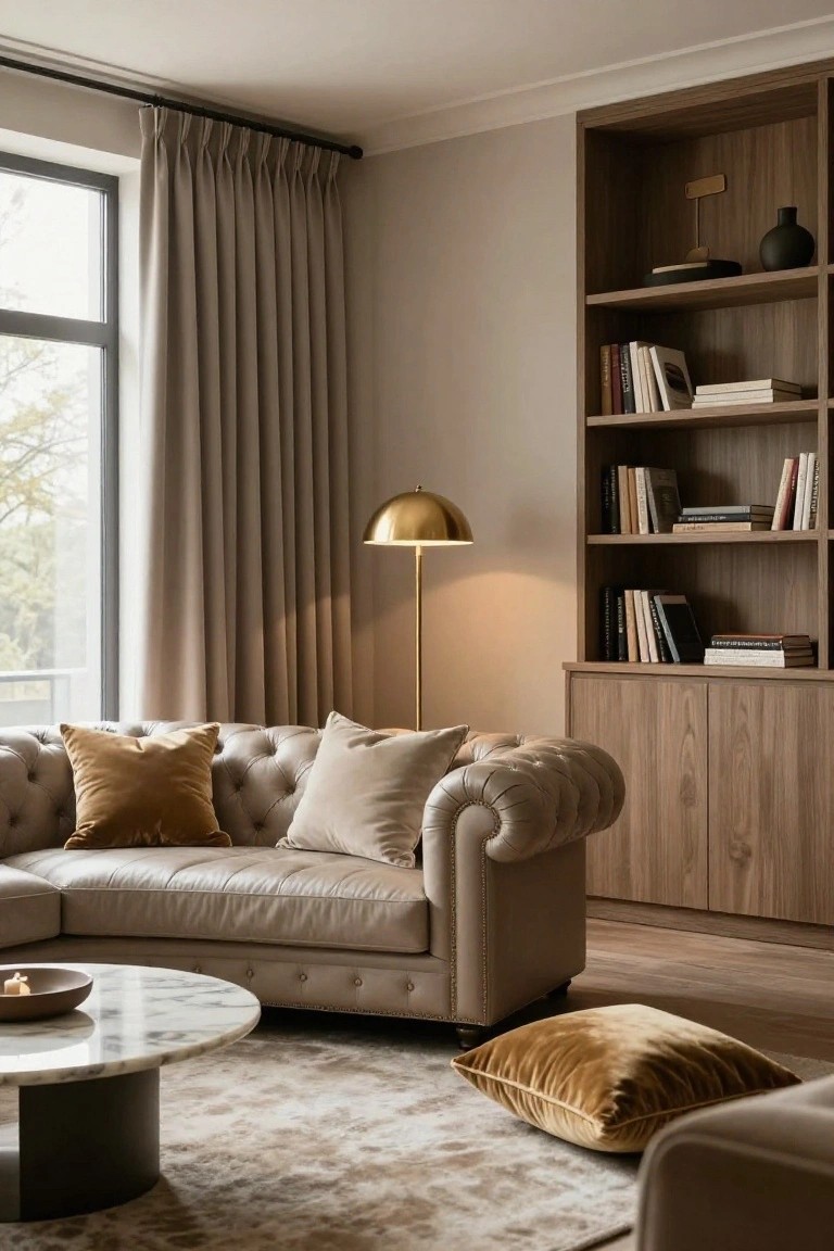 Living room with floor-to-ceiling pleated beige curtains on a large window, tufted light gray leather sofa, wooden bookshelves, gold arched floor lamp, marble coffee table, and neutral rug.