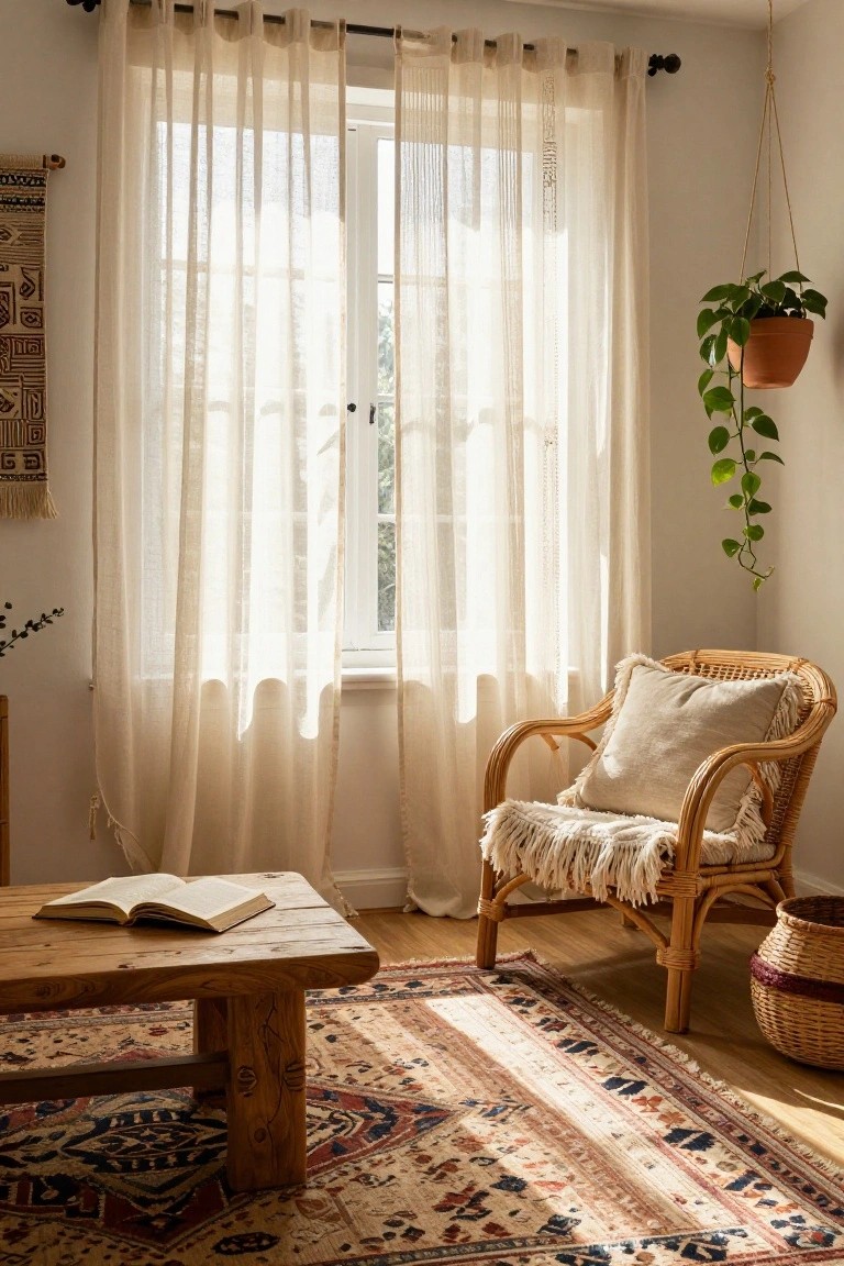 Cozy living room corner with sheer beige curtains on a tall double window, rattan armchair with cream cushions and fringed throw, low wooden coffee table holding an open book, patterned rug on hardwood floor, hanging potted plant, wall hanging, and woven basket.