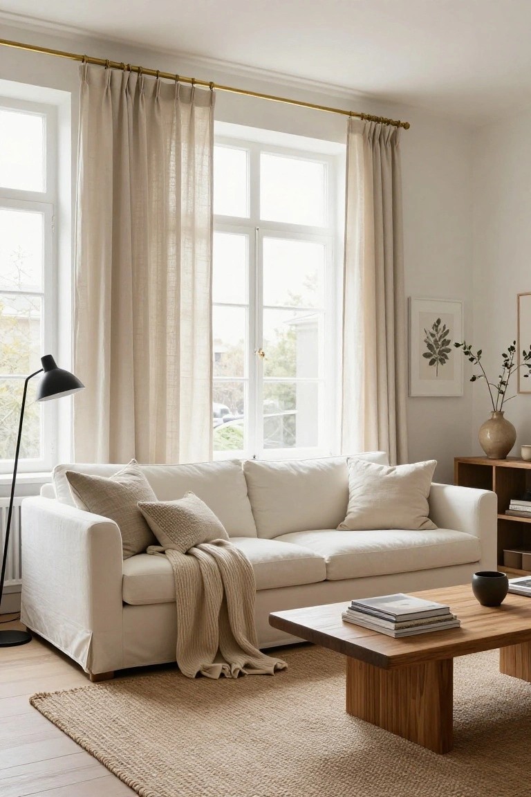 A light-filled living room featuring a white slipcovered sofa with beige pillows and throw, sheer beige linen curtains on brass rods over large double windows, a black floor lamp, wooden coffee table with books, and beige rug on light wood floors.