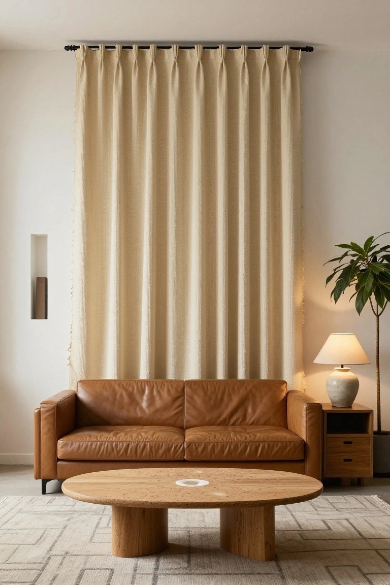 Modern living room with tall beige pleated curtains covering a large window, tan leather sofa, round wooden coffee table, wooden side table with white lamp and potted plant on light patterned rug