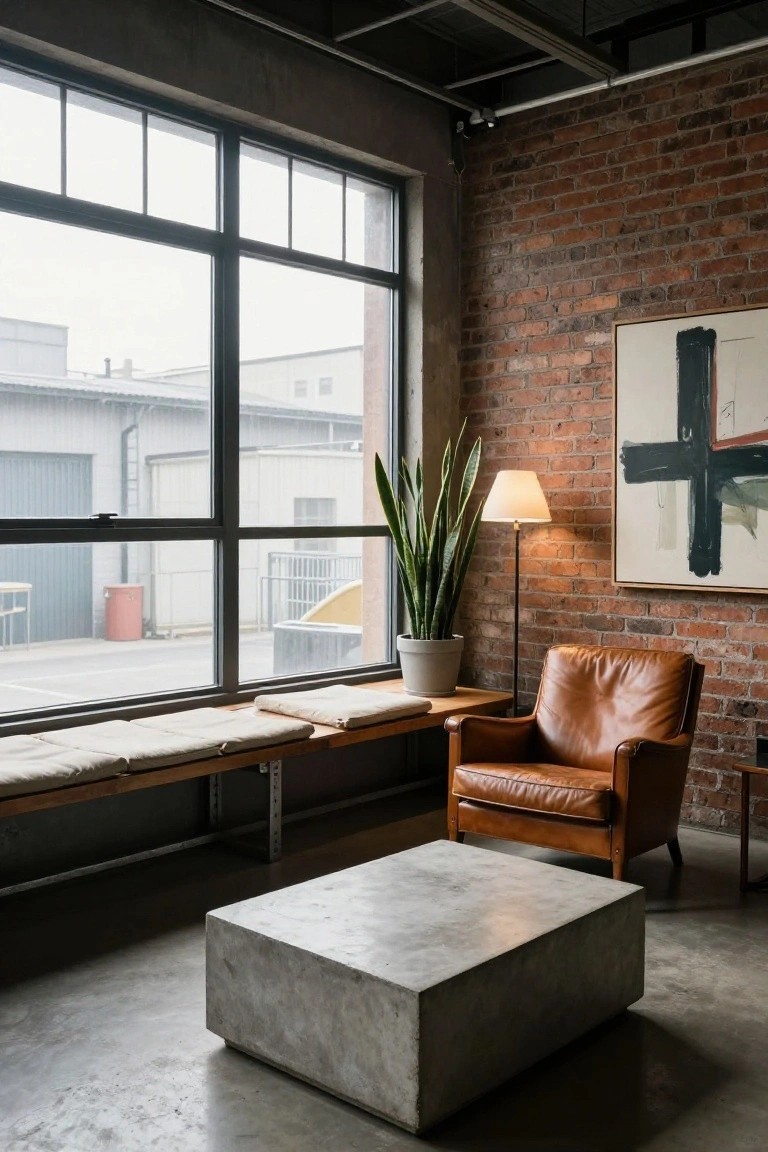 Loft-style living room corner with cushioned wooden bench under large multi-pane bay window, orange leather armchair, potted snake plant, floor lamp, abstract painting on brick wall, concrete coffee table, and polished concrete floor.