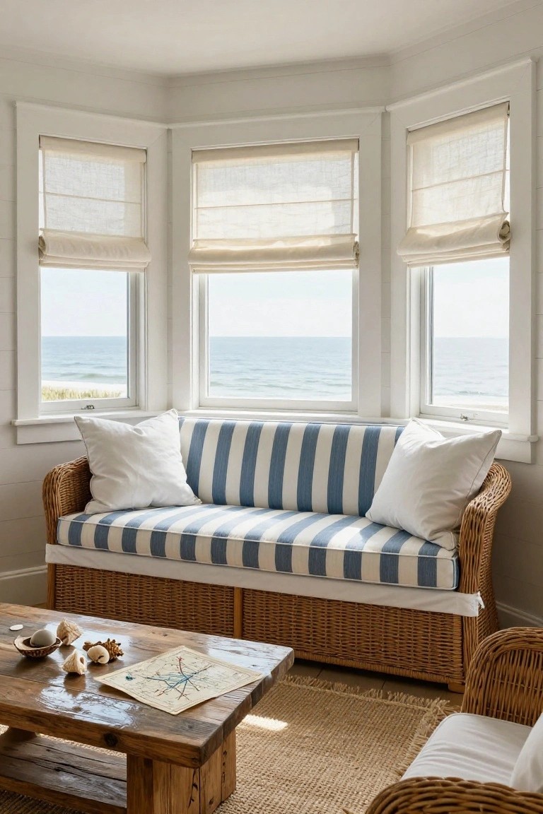 Bay window in a light-colored living room with a striped cushioned wicker bench, white pillows, wooden coffee table holding shells and a map, two wicker chairs, beige rug, and ocean view through sheer shades.