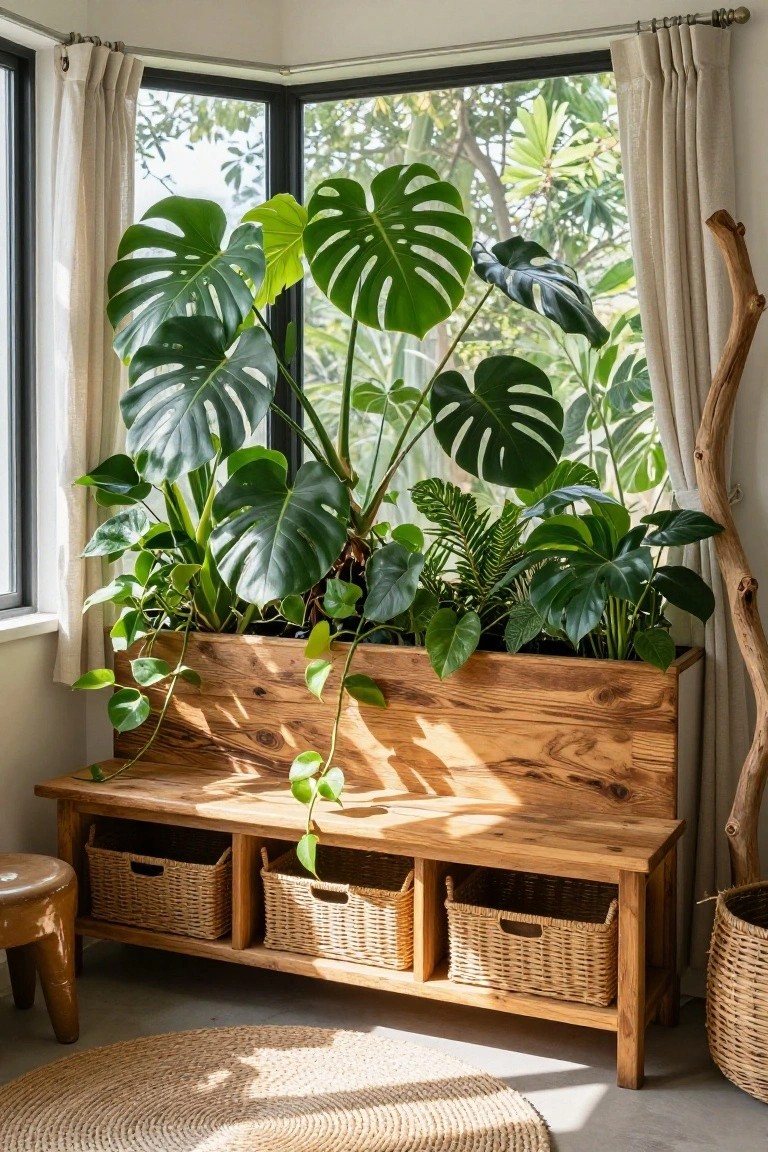Corner bay window area with a wooden bench featuring built-in planter box filled with large monstera and other green plants, three woven storage baskets underneath, a round woven stool nearby, and a seagrass rug on the floor.