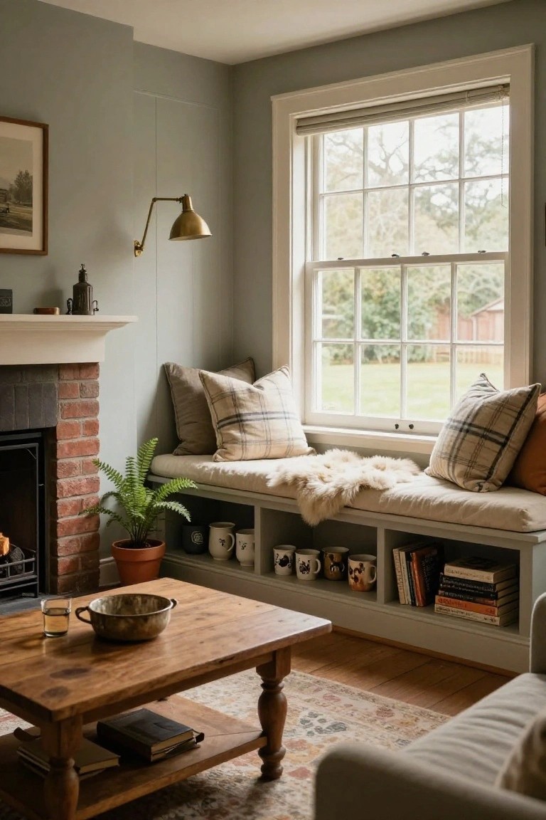 Sage green living room corner featuring a bay window bench with plaid cushions, sheepskin throw, built-in shelves holding books and mugs, wooden coffee table, and brick fireplace.