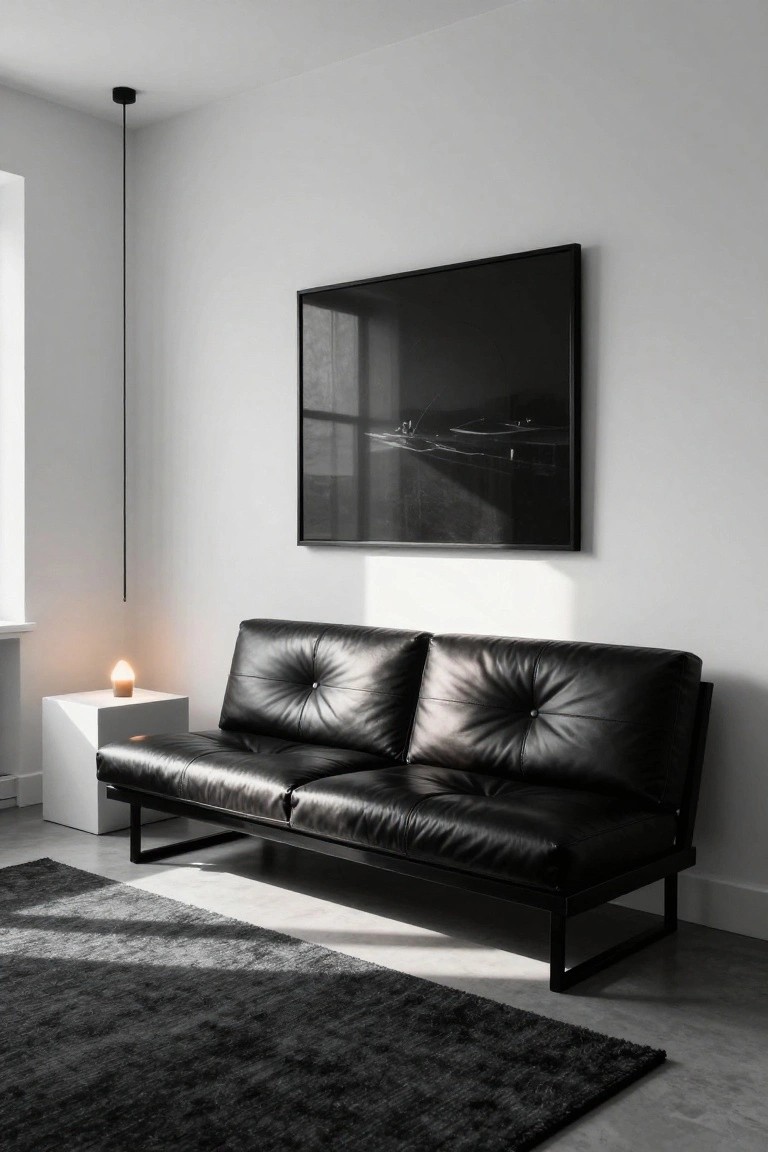 Black tufted leather sofa on black metal frame next to a white cube table with lit candle in a white room, sunlight streams from window onto dark gray rug, black framed photo on wall.