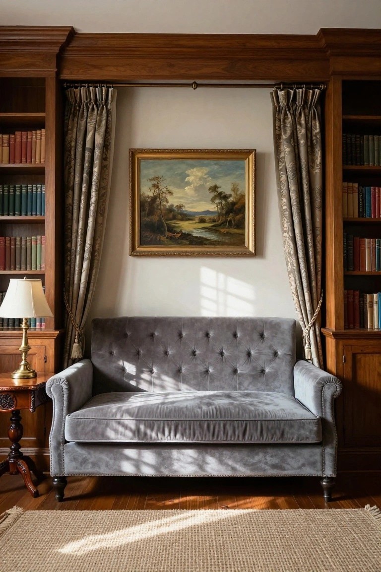 Gray tufted velvet sofa positioned in front of a large window with beige drapes, flanked by tall wooden bookshelves filled with books, a landscape painting on the wall above, and a brass lamp on a side table in a wood-paneled room.