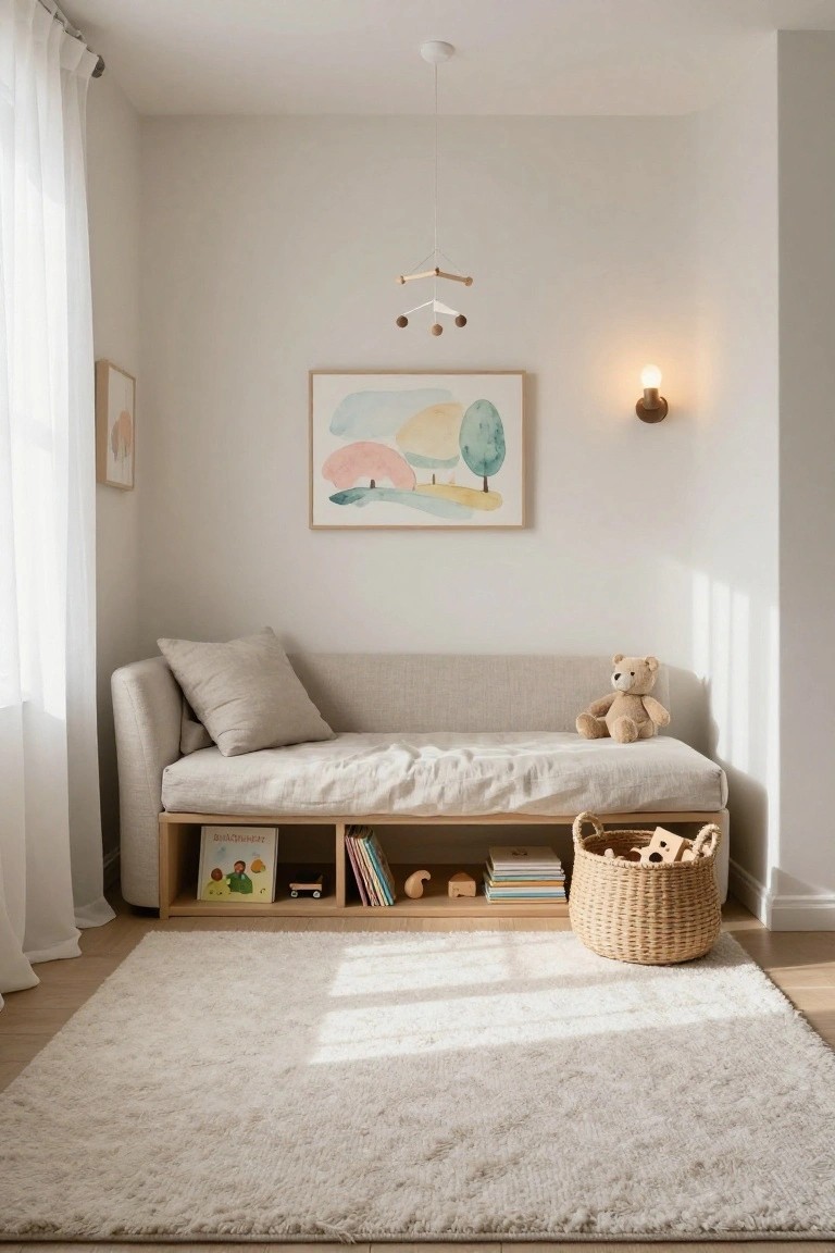 Cozy beige daybed sofa with built-in wooden storage shelves under large curtained windows in a light-colored room, with abstract art on walls, a hanging mobile, teddy bear on the bed, books and toys in shelves, and a white fluffy rug on the floor.