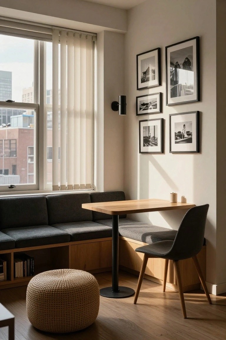 Cozy interior nook with built-in gray bench seating and cushions around a wooden table next to a large window with sheer vertical blinds, black and white photos on white walls, books on shelves, and a woven pouf on wood floors.