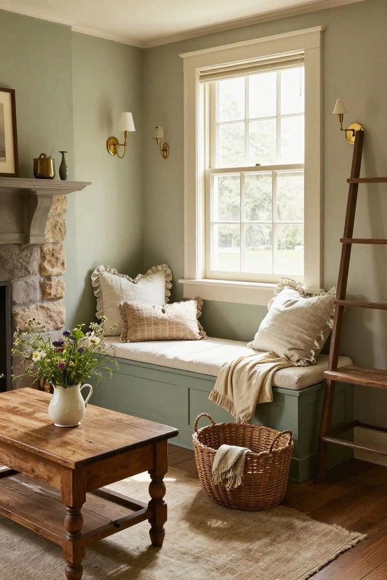 Cozy living room corner with teal-painted built-in window seat bench under a large multi-pane window, topped with white and beige ruffled pillows and a cream throw blanket, beside a stone fireplace, wooden coffee table, and wicker basket on hardwood floors.