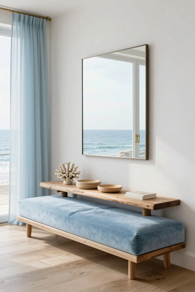 White interior corner with square framed mirror, sheer blue curtains on window overlooking ocean, wooden bench with blue velvet cushion and shelf holding seashell, woven trays, and book on light wood floor.