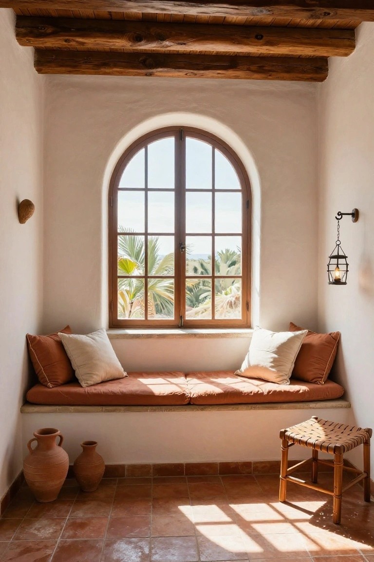 Sunlit interior nook with white adobe walls, exposed wooden beams, arched window overlooking palm trees, cushioned terracotta bench seat, white and orange pillows, hanging lantern, clay pots, and woven stool on terracotta tile floor.