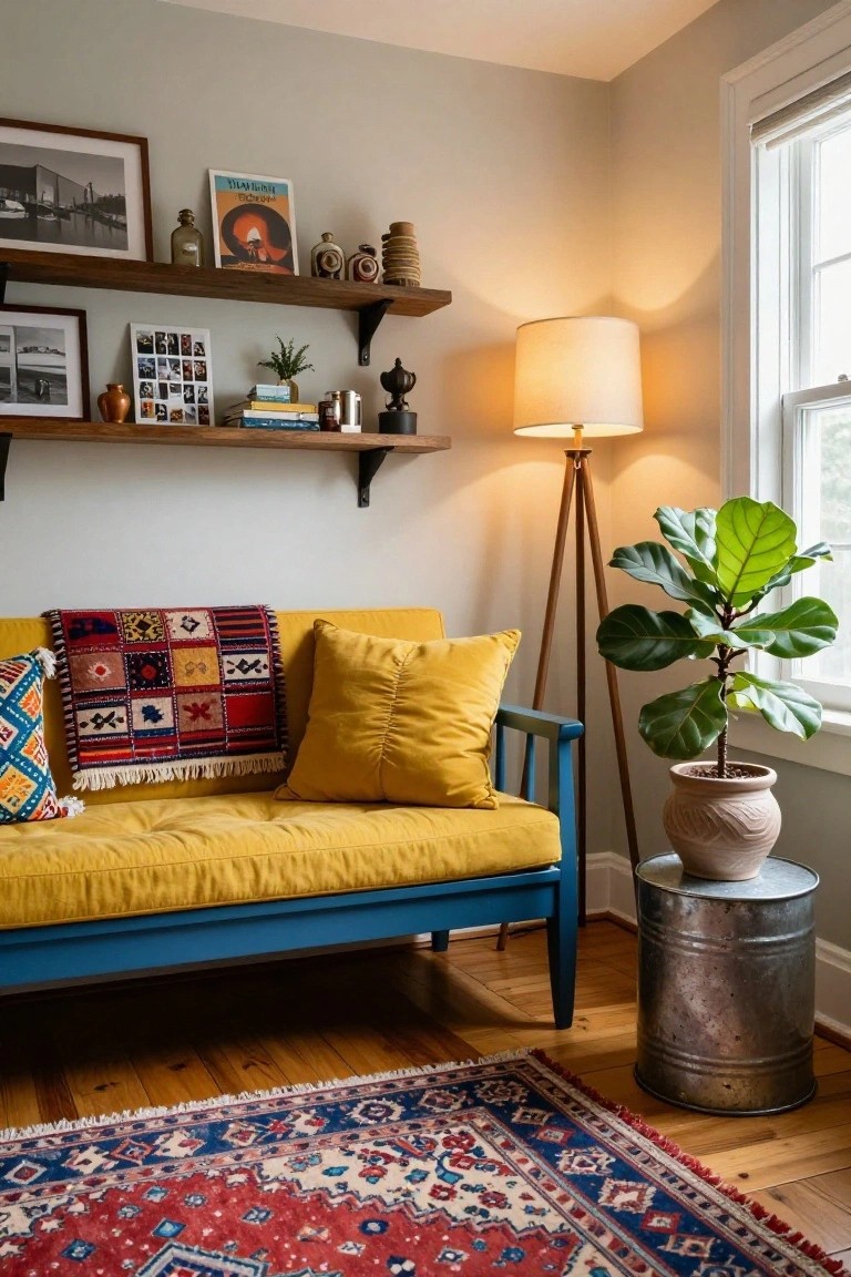 Living room corner with yellow upholstered daybed sofa on blue frame, patterned throw blanket and pillows, tripod floor lamp, large potted ficus plant by window, eclectic wooden shelves with books and decor above, and red and blue Persian rug on wood floor.