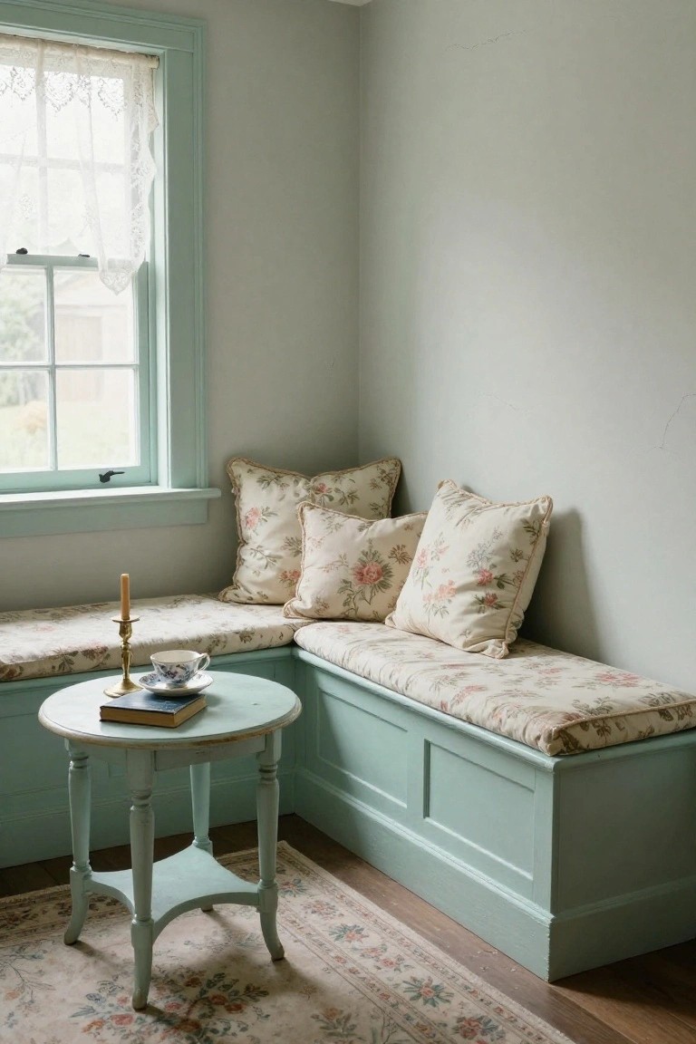 Pale gray corner room with teal-painted built-in window seat bench topped with floral cushions, small teal round table holding a book, teacup, saucer, and brass candlestick, lace curtains on green-trimmed window overlooking greenery, patterned rug on wood floor.