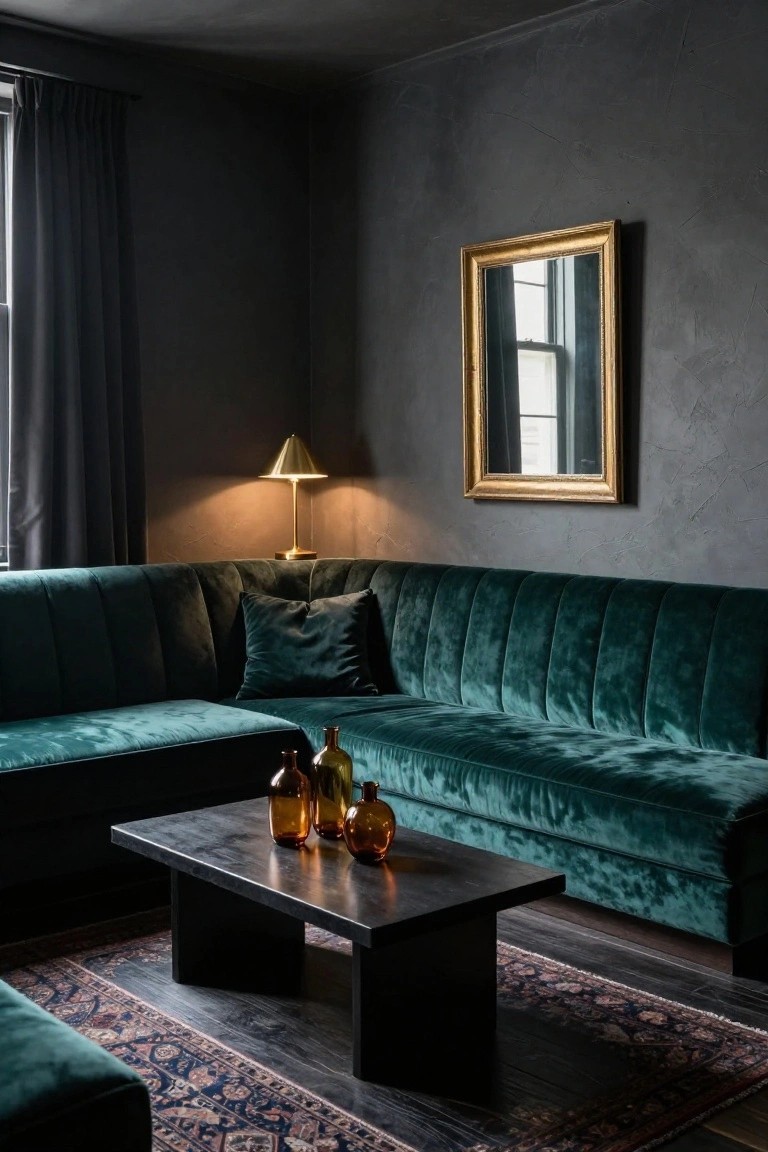 Corner of a living room with L-shaped emerald green velvet tufted sofa, black rectangular coffee table holding amber glass bottles, gold table lamp, gold-framed mirror on textured dark gray walls, dark green curtains on window, and patterned rug on dark floor.